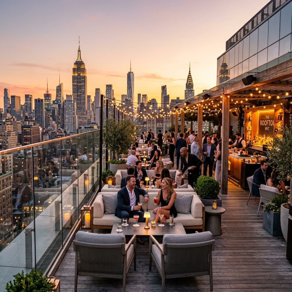 Modern hotel rooftop lounge with skyline views
